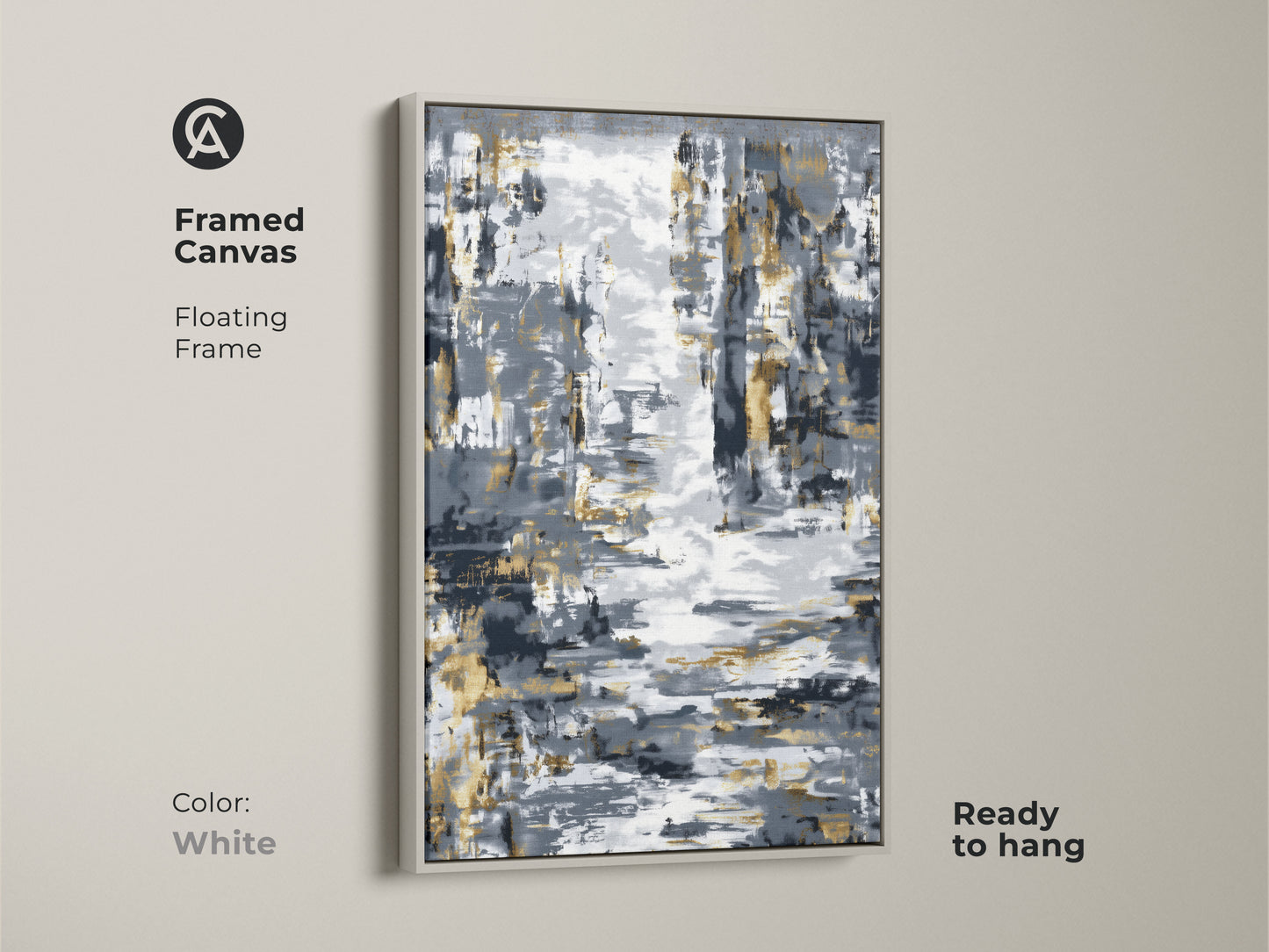 Framed canvas featuring charcoal gray and gold abstract artwork. It has a white floating frame. This modern abstract expressionism canvas is ready to hang. Perfect for entryway wall decor modern and contemporary abstract print.