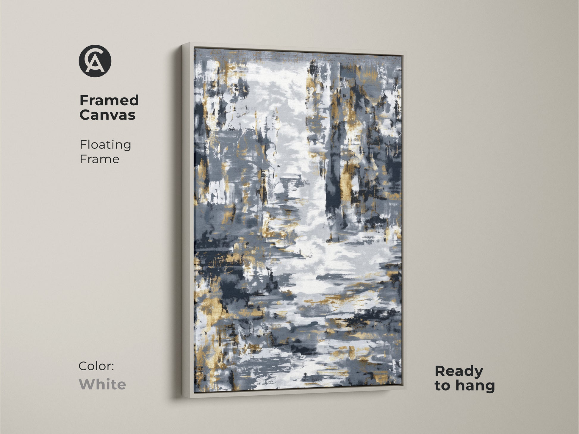 Framed canvas featuring charcoal gray and gold abstract artwork. It has a white floating frame. This modern abstract expressionism canvas is ready to hang. Perfect for entryway wall decor modern and contemporary abstract print.