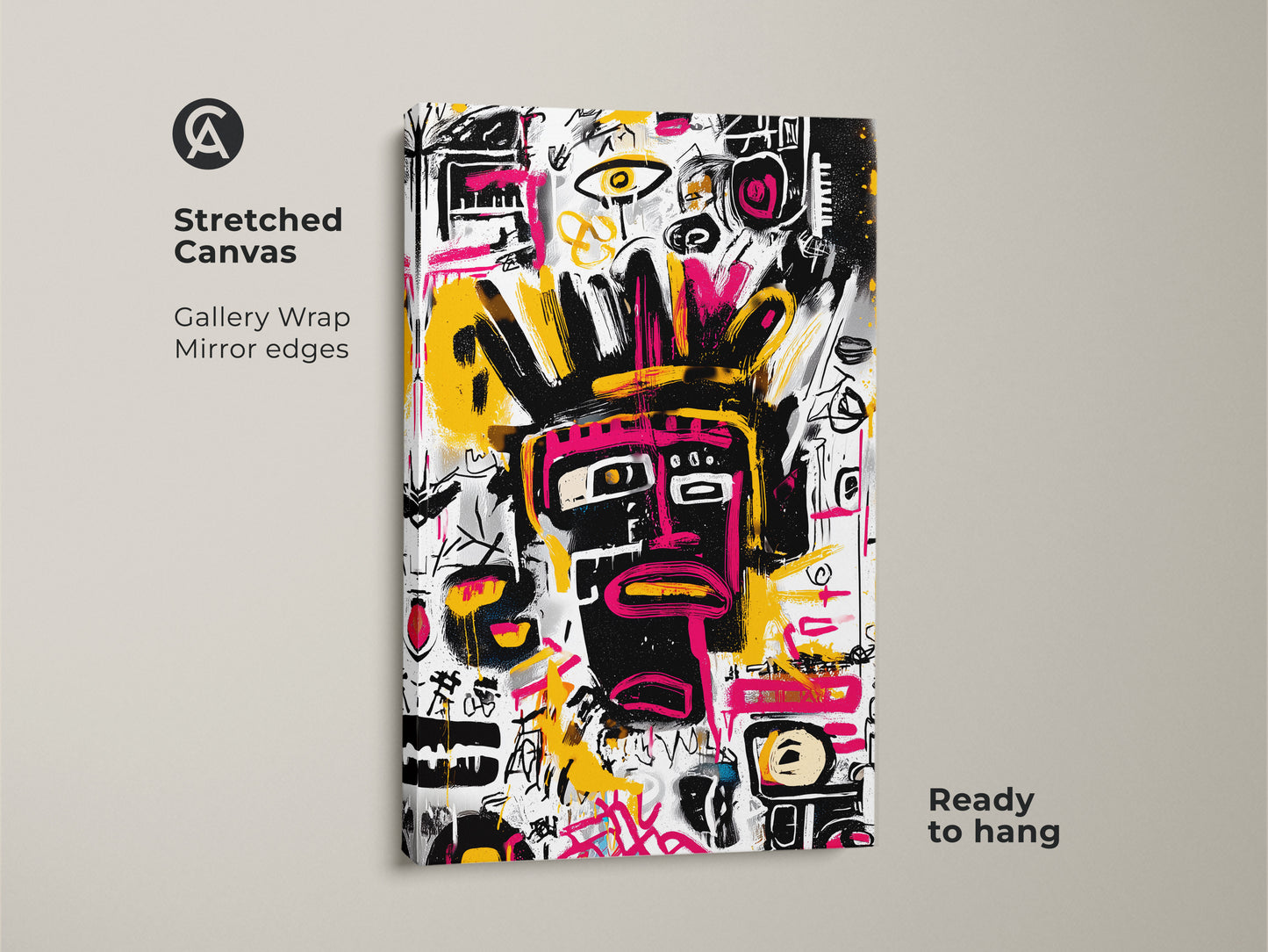 Stretched canvas art print featuring an abstract face. The black face has pink details on a white backdrop. Gallery wrapped with mirrored edges this art is ready to hang. This modern artwork adds style to any space.
