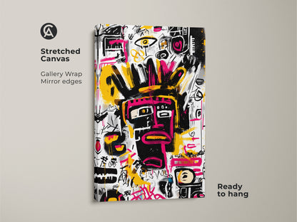 Stretched canvas art print featuring an abstract face. The black face has pink details on a white backdrop. Gallery wrapped with mirrored edges this art is ready to hang. This modern artwork adds style to any space.