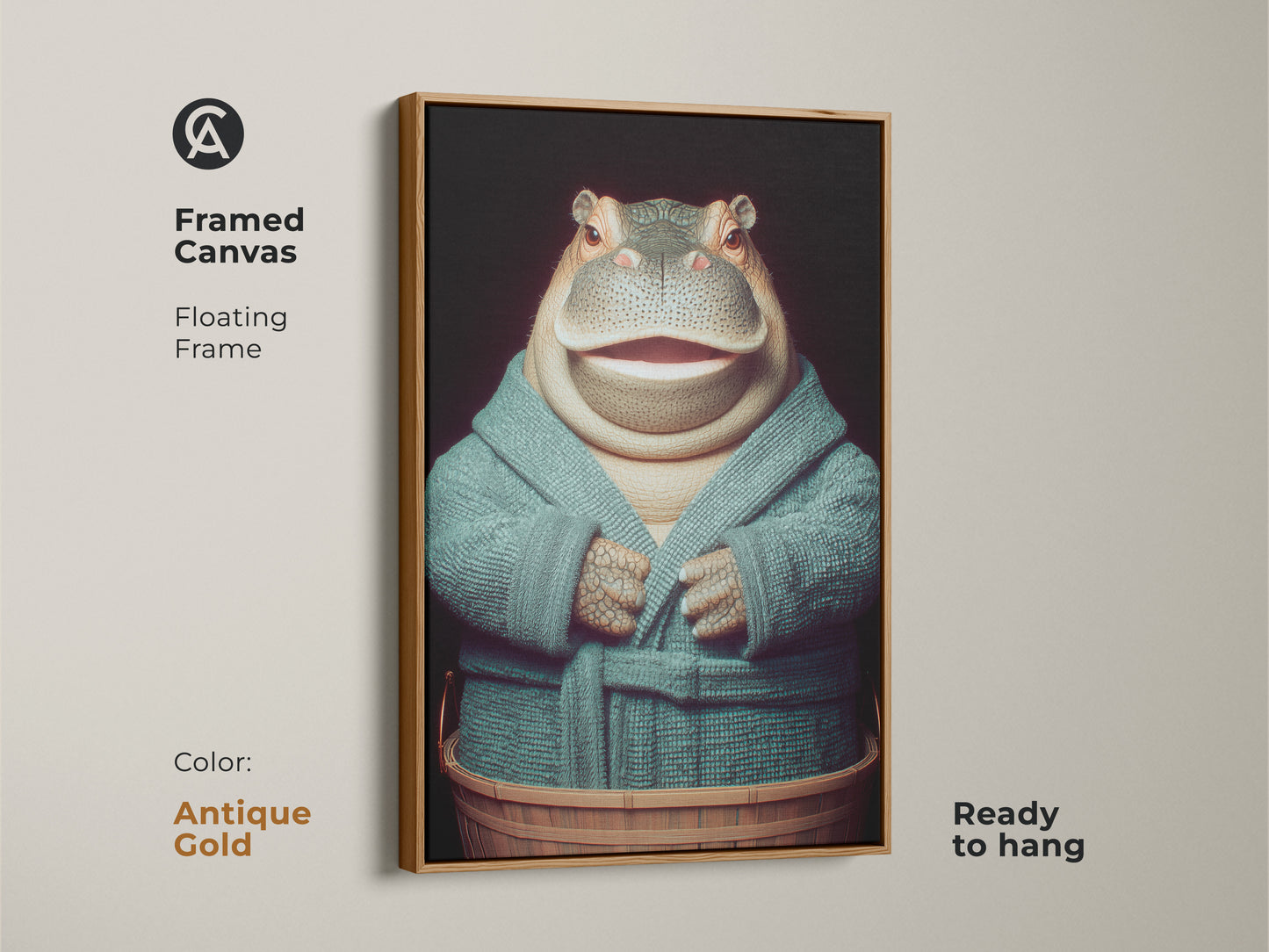 A framed canvas in antique gold features a hippopotamus in a teal robe. It's ready to hang and adds character. This floating frame brings out the dark academia animal art. The hippo is in a wooden tub ready for bath time. Sophisticated animal art for your home. Perfect for art enthusiasts.