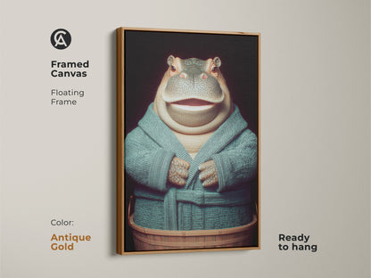 A framed canvas in antique gold features a hippopotamus in a teal robe. It's ready to hang and adds character. This floating frame brings out the dark academia animal art. The hippo is in a wooden tub ready for bath time. Sophisticated animal art for your home. Perfect for art enthusiasts.