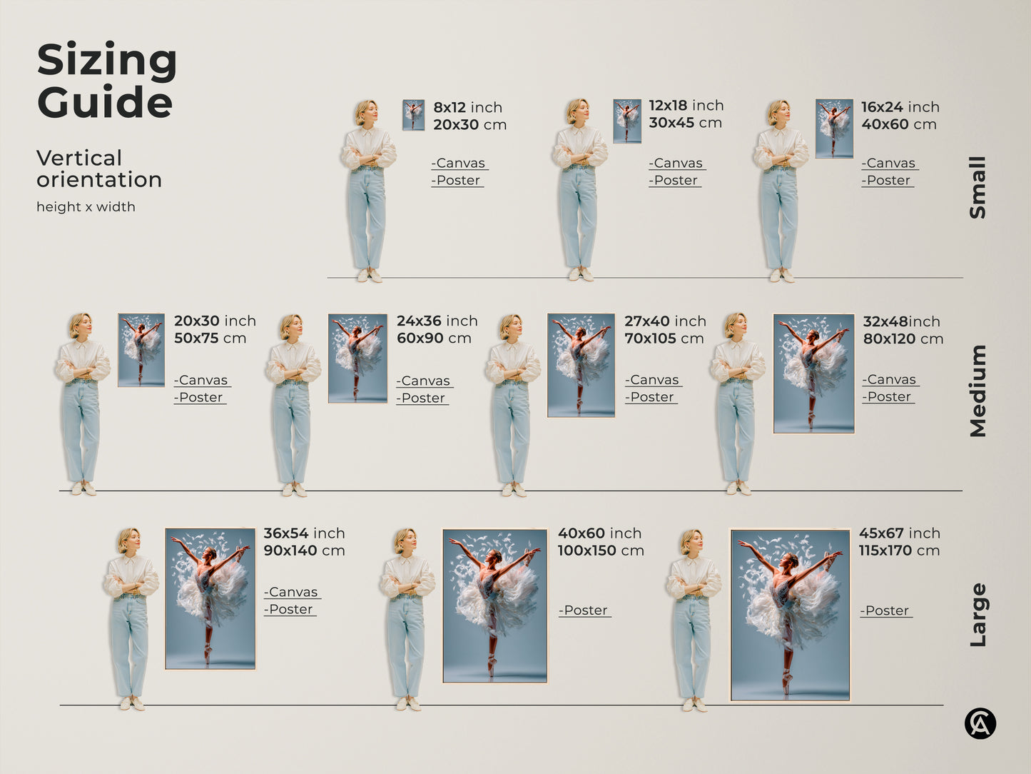 Sizing guide for ballerina art prints. Available in vertical orientations. Find the perfect fit with canvas and poster options. Sizes range from small to large. Transform your space with stunning art.