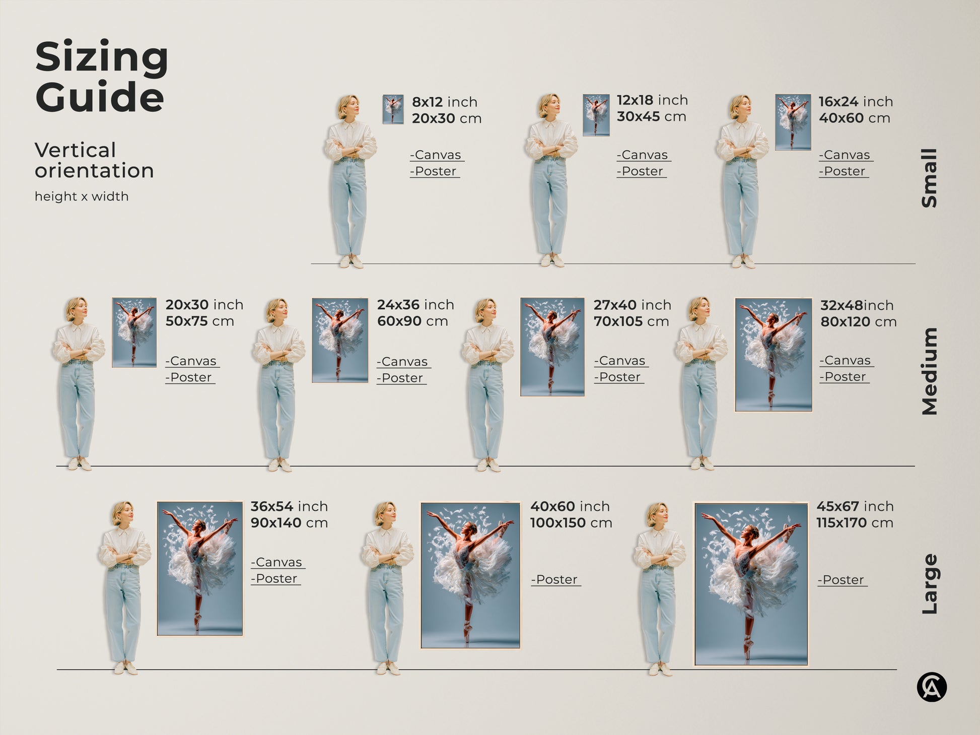 Sizing guide for ballerina art prints. Available in vertical orientations. Find the perfect fit with canvas and poster options. Sizes range from small to large. Transform your space with stunning art.