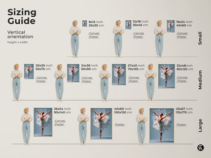 Sizing guide for ballerina art prints. Available in vertical orientations. Find the perfect fit with canvas and poster options. Sizes range from small to large. Transform your space with stunning art.