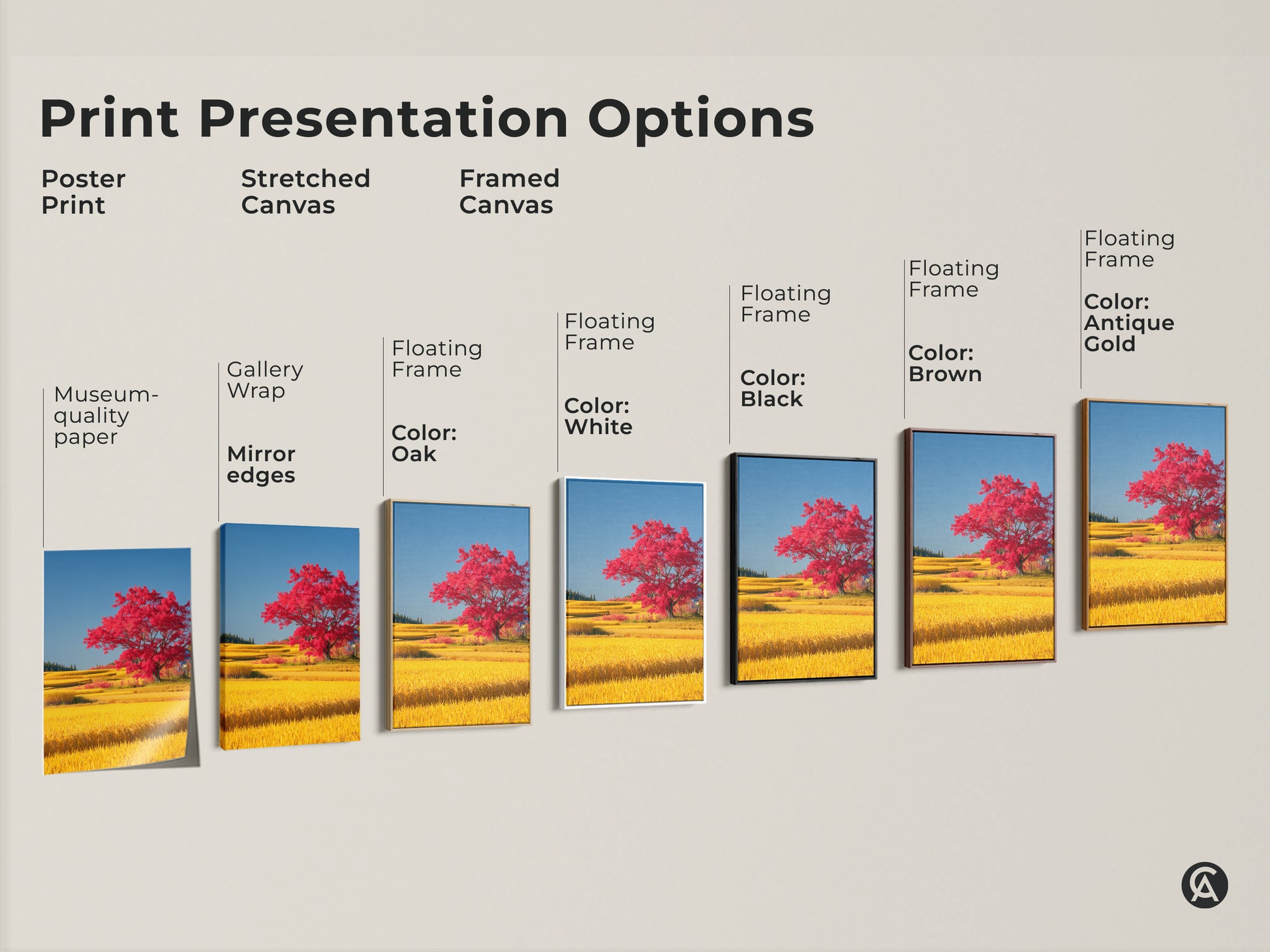 Print presentation options including poster stretched canvas and framed canvas styles. Each features a red tree in a yellow rice field. Choose from gallery wrap mirror edges and floating frames in colors like black brown antique gold and white for your nature decor.