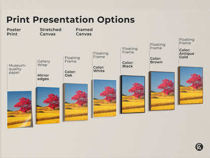 Print presentation options including poster stretched canvas and framed canvas styles. Each features a red tree in a yellow rice field. Choose from gallery wrap mirror edges and floating frames in colors like black brown antique gold and white for your nature decor.