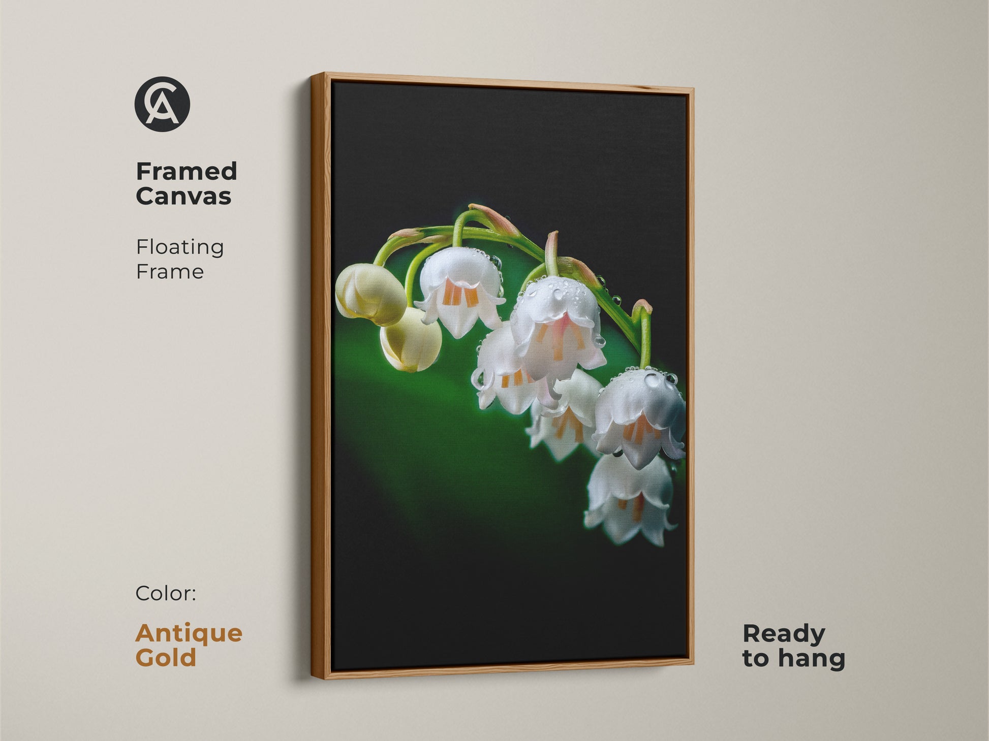 Framed Lily of the Valley canvas with an antique gold floating frame. This botanical artwork features macro nature photography of delicate white flowers. This floral canvas adds a touch of elegance to your wall decor.
