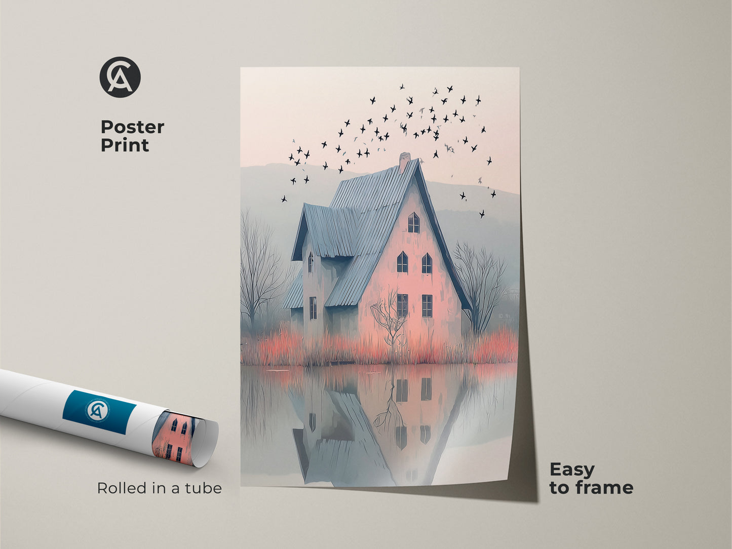 Poster print features a blue roof house. It is set by a misty lake with birds in flight. Rolled in a tube and easy to frame. It would be perfect as nature landscape print or serene home art.