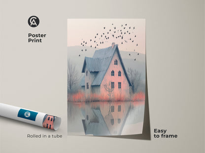 Poster print features a blue roof house. It is set by a misty lake with birds in flight. Rolled in a tube and easy to frame. It would be perfect as nature landscape print or serene home art.