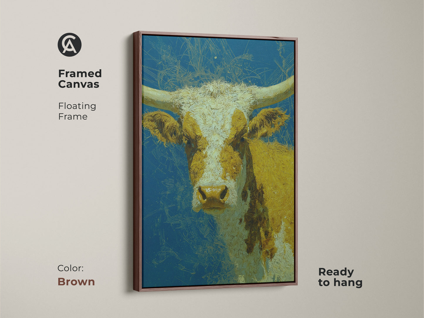Framed canvas art of a longhorn cow with yellow and white markings. The cow artwork has a blue background with abstract scratch marks. This ready to hang art is a floating frame in brown. Perfect for adding western charm to your home.