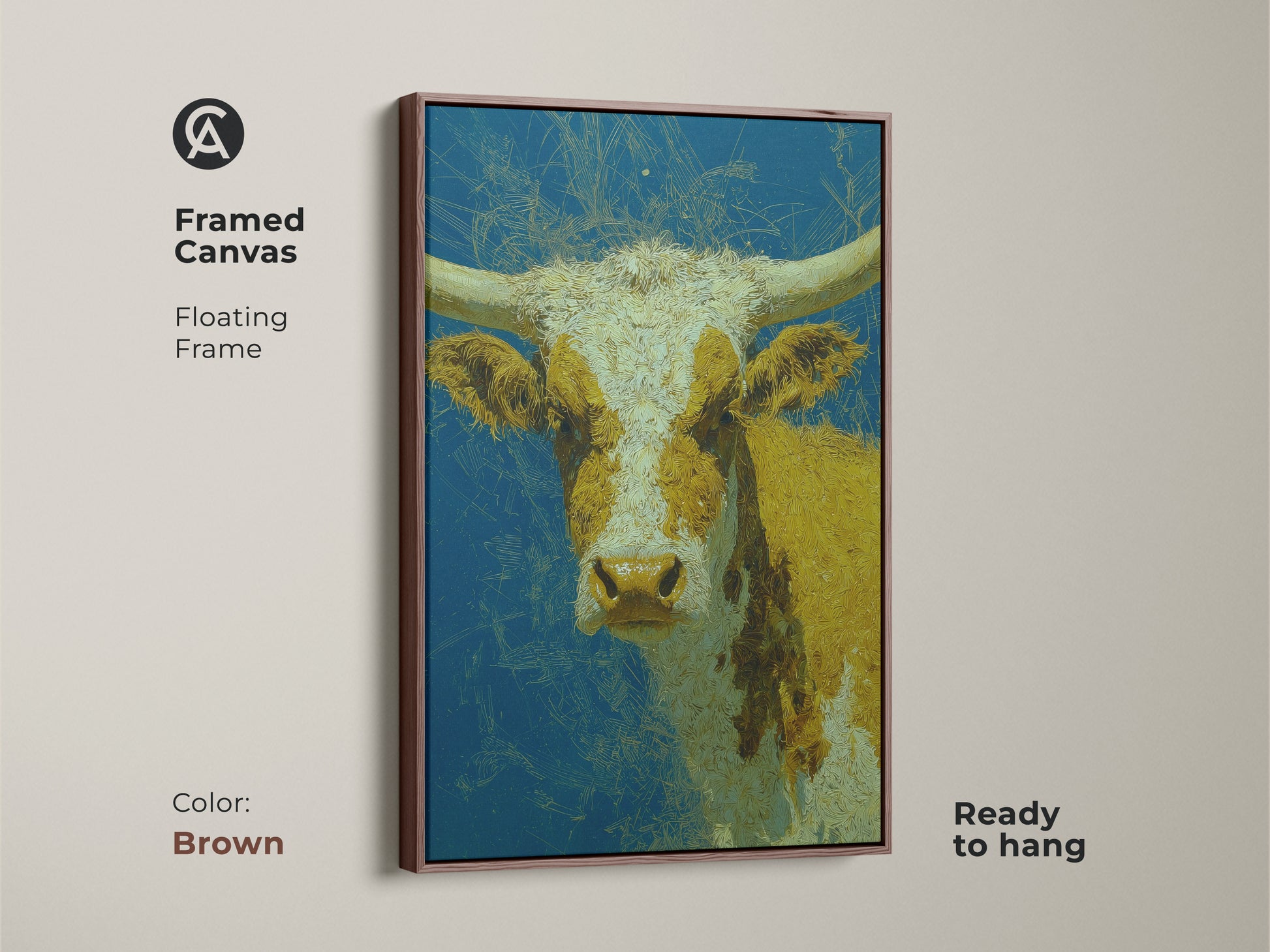 Framed canvas art of a longhorn cow with yellow and white markings. The cow artwork has a blue background with abstract scratch marks. This ready to hang art is a floating frame in brown. Perfect for adding western charm to your home.