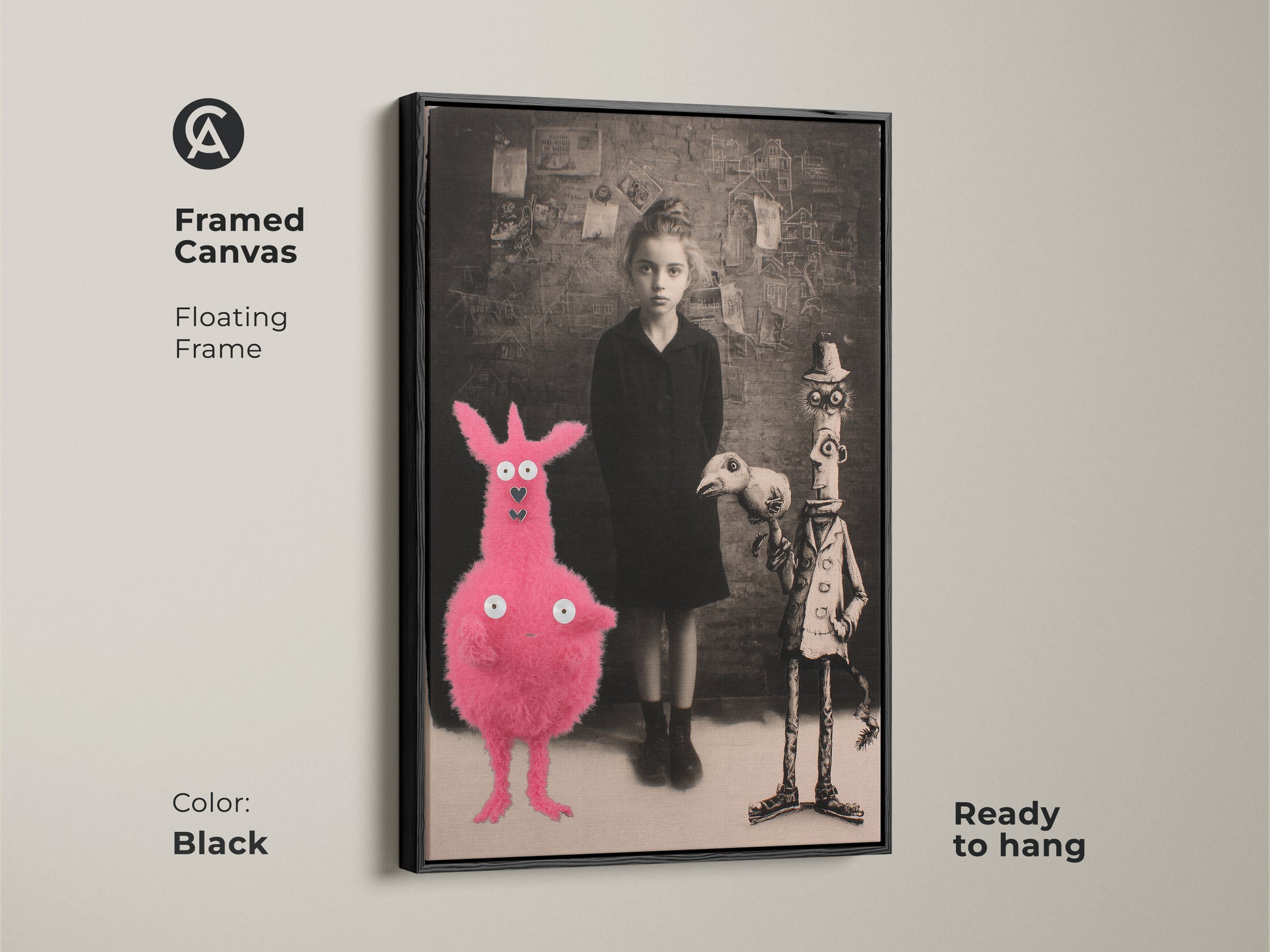 Framed canvas featuring a surreal girl with a pink creature and birdman. The floating frame is black and ready to hang. This dark academia art is great gothic fantasy artwork. A unique gift for art fans and Halloween enthusiasts.