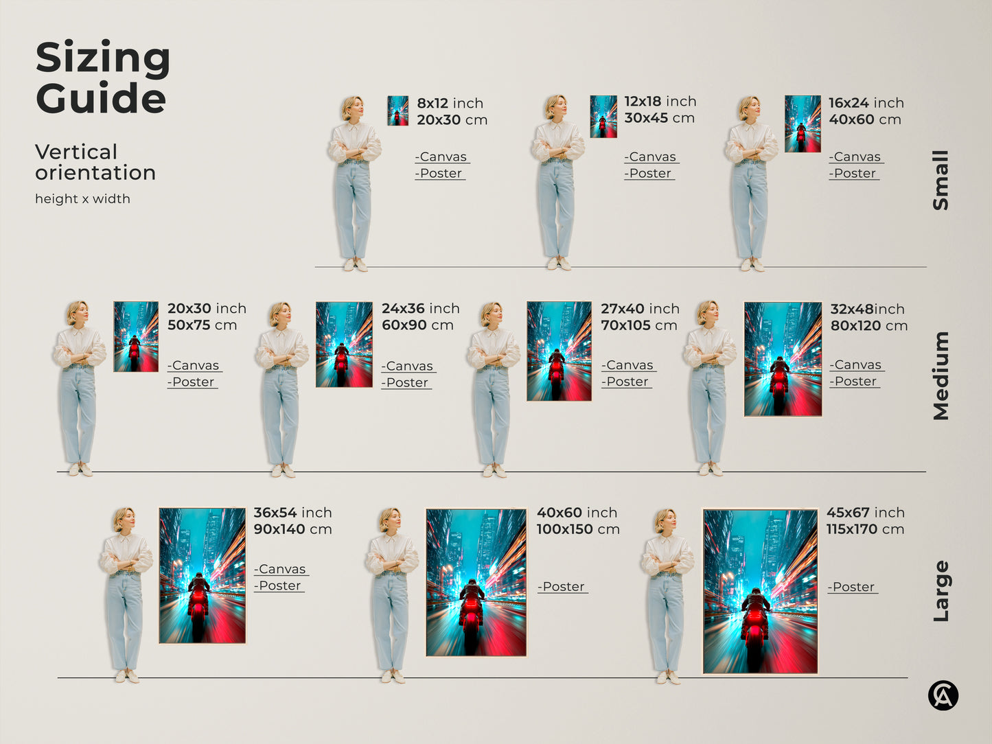 Sizing guide for cyberpunk cityscape canvas art. Visualize different sizes with a model. Find the perfect fit for your space. Available as canvas or poster print. These sizes range from small to large. Ideal for any room or office.