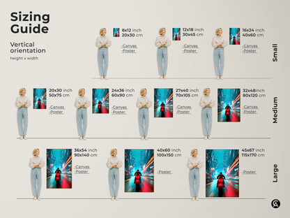 Sizing guide for cyberpunk cityscape canvas art. Visualize different sizes with a model. Find the perfect fit for your space. Available as canvas or poster print. These sizes range from small to large. Ideal for any room or office.