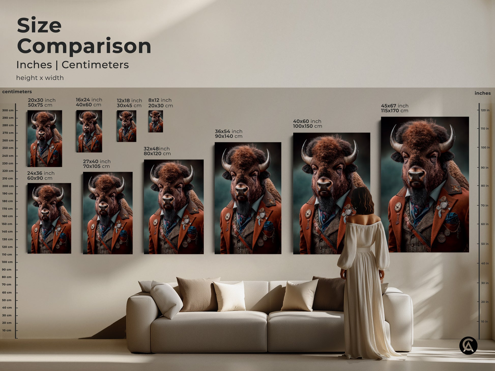 A size comparison guide displays various sizes of the steampunk bison artwork. Inches and centimeters are included for each art size. The anthropomorphic animal canvas sizes range from small to large. You can see how each size complements furniture. It will add character to a study or office.