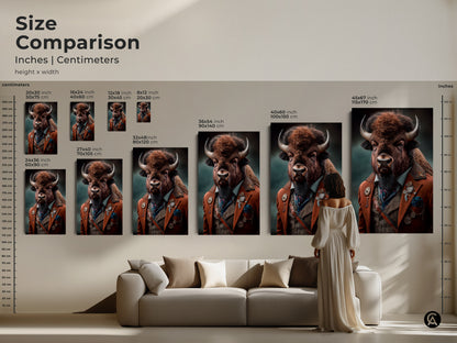 A size comparison guide displays various sizes of the steampunk bison artwork. Inches and centimeters are included for each art size. The anthropomorphic animal canvas sizes range from small to large. You can see how each size complements furniture. It will add character to a study or office.