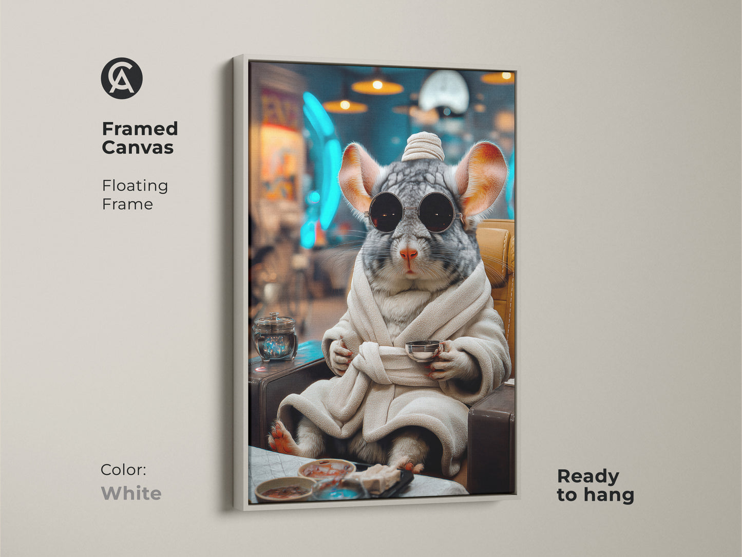 White framed canvas print displays a surreal chinchilla in a robe. The funny animal wall art adds eclectic style to any space. The gray brown teal artwork is a unique gift for animal lovers. It is ready to hang.