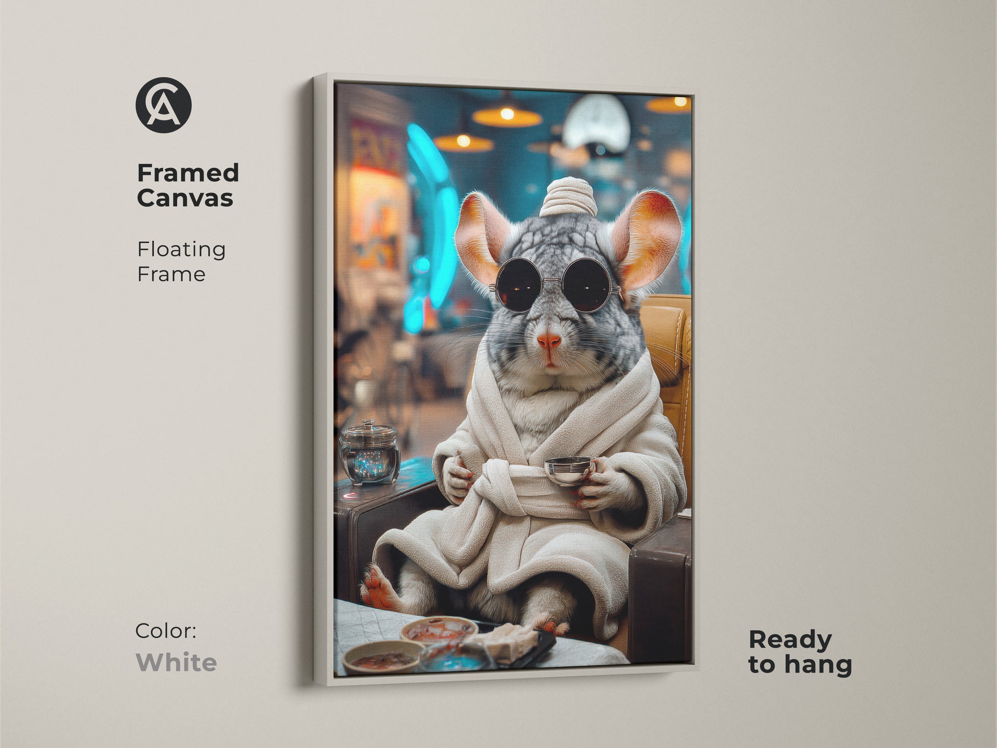White framed canvas print displays a surreal chinchilla in a robe. The funny animal wall art adds eclectic style to any space. The gray brown teal artwork is a unique gift for animal lovers. It is ready to hang.