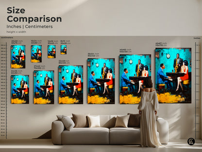 Compare sizes of this captivating jazz club artwork in inches and centimeters. Get a feel for how each print size transforms a space from small to large. The artwork shows a pianist saxophonist and a woman in a red dress. Shop now and scale up your art!
