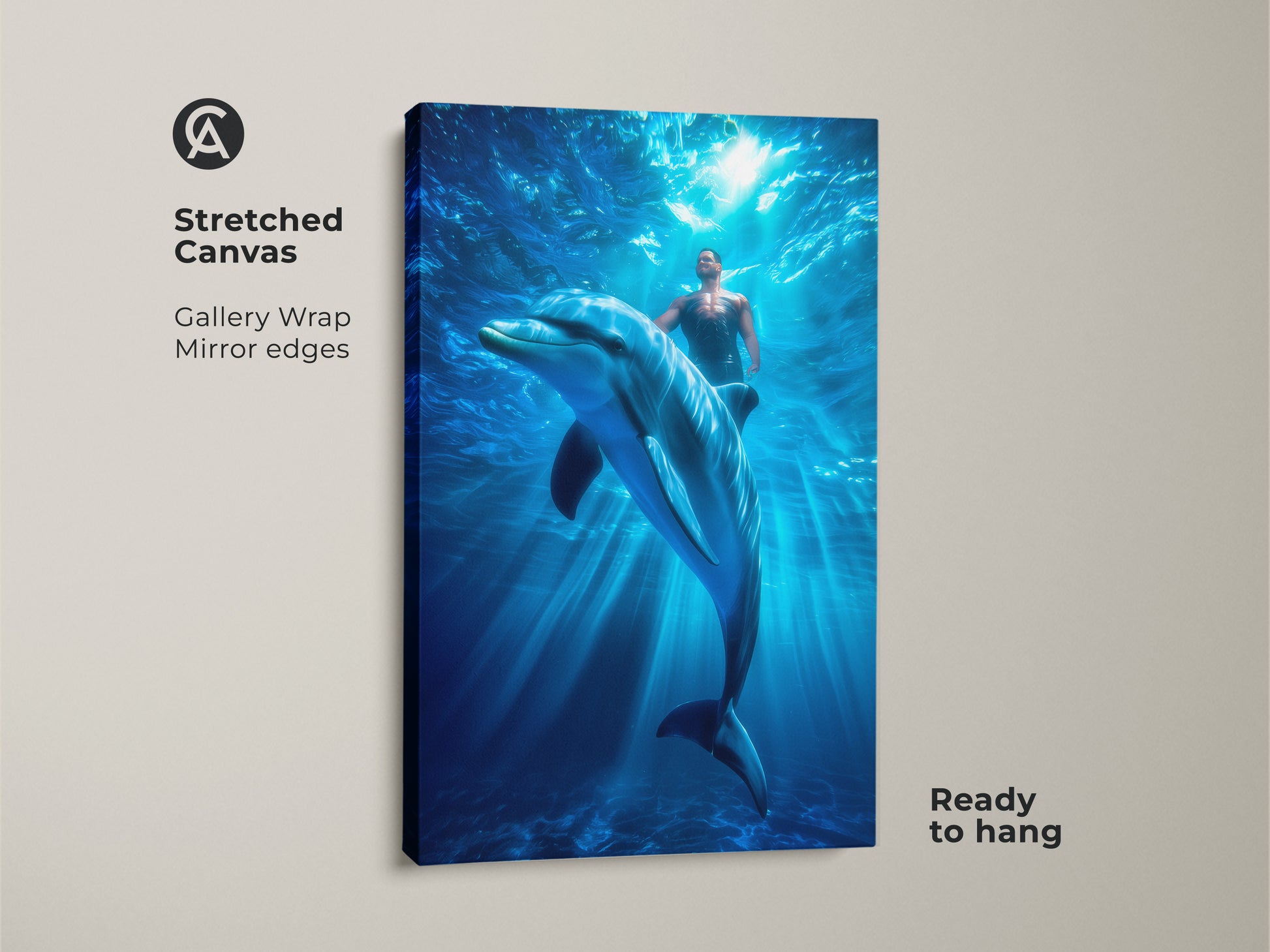 Stretched canvas gallery wrap art of a man swimming with a dolphin underwater. This ocean blue surreal canvas adds coastal charm. Ready to hang this artwork brings a fantasy marine life print to your walls.