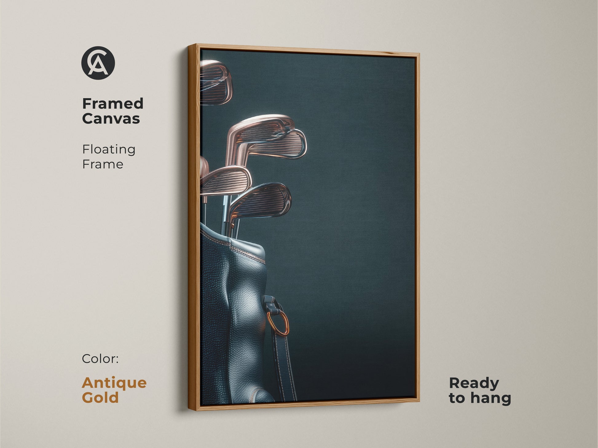 Enhance your decor with framed canvas art. This floating frame highlights a stylish golf bag and clubs. The antique gold frame adds a elegant touch. Ready to hang this piece will impress any golf aficionado.