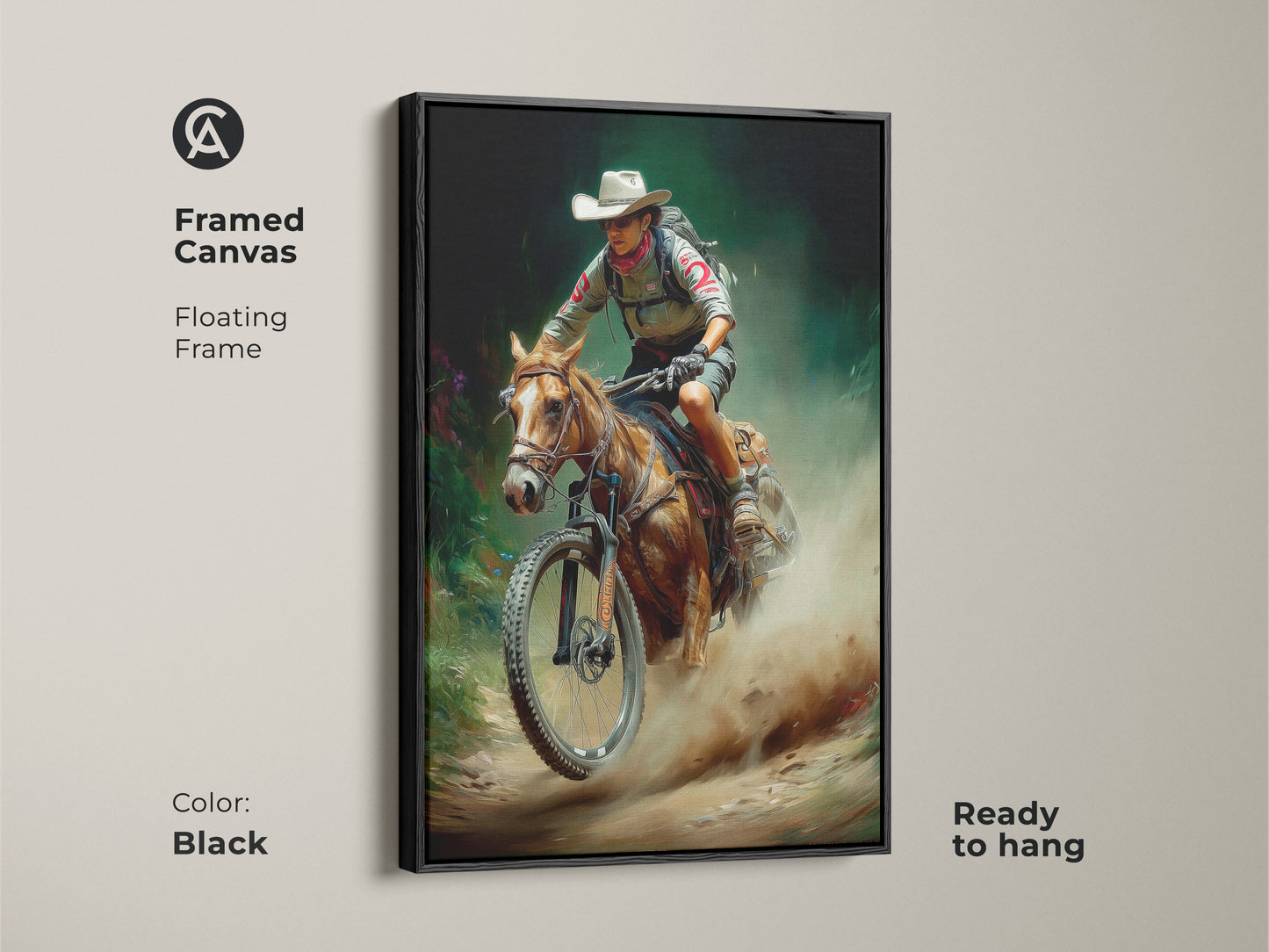 Framed canvas art print featuring a cowboy on horseback with a mountain bike. A black floating frame enhances this rustic outdoor adventure artwork. Ready to hang this digital painting blends western and cycling themes. Perfect for adding character to your entryway or home office. It has earthy colors