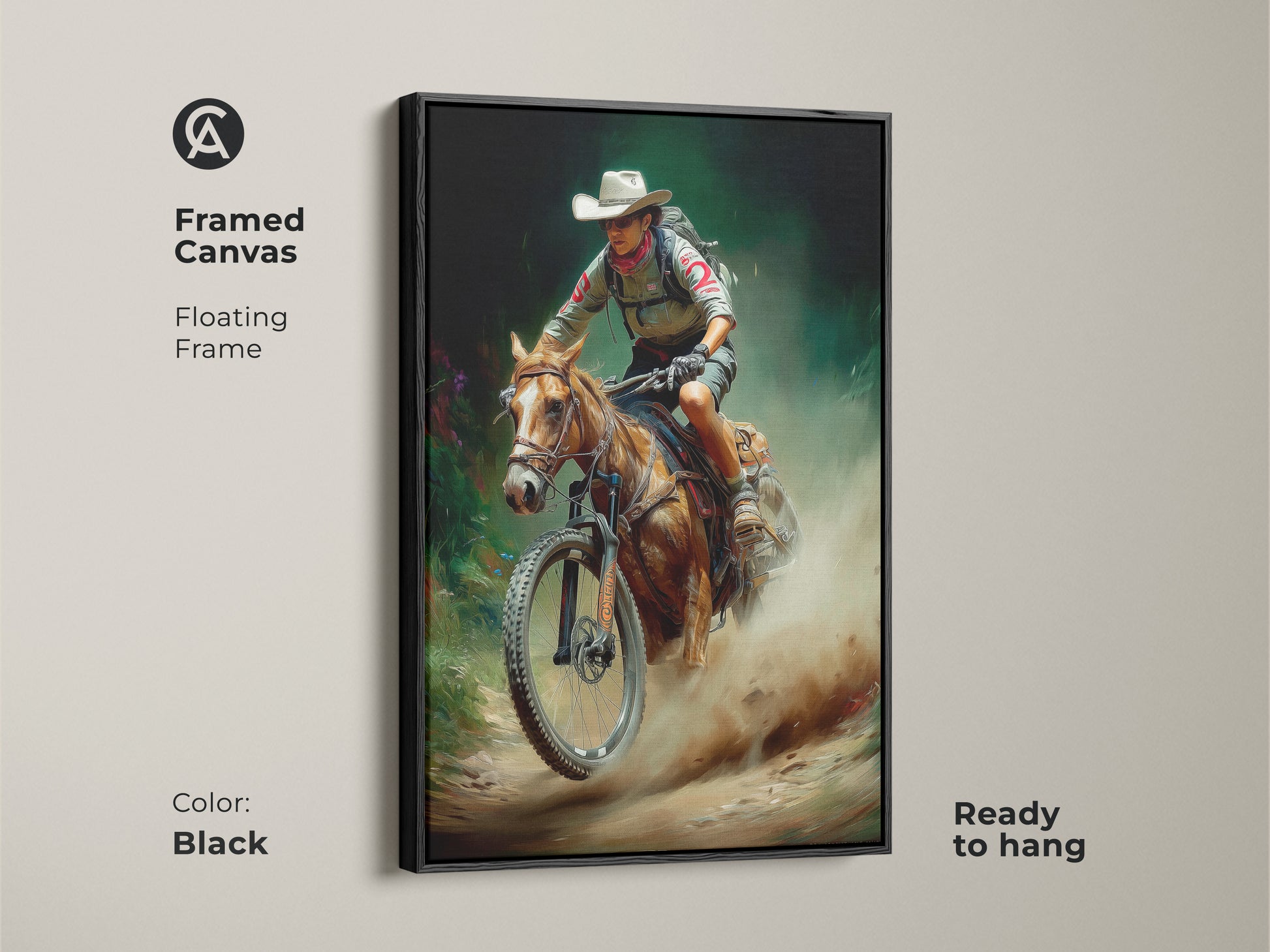 Framed canvas art print featuring a cowboy on horseback with a mountain bike. A black floating frame enhances this rustic outdoor adventure artwork. Ready to hang this digital painting blends western and cycling themes. Perfect for adding character to your entryway or home office. It has earthy colors