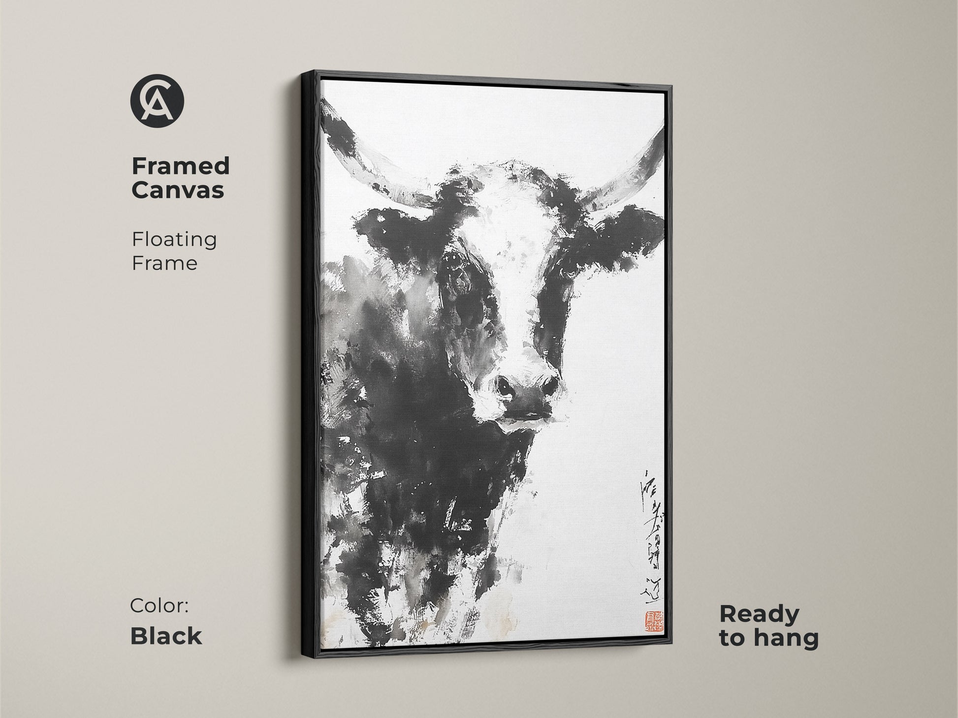 A framed canvas featuring a black and white painting of a bull. The artwork has a floating frame. This is ready to hang. The frame is black. This framed canvas adds a modern touch to any space. Get yours today!