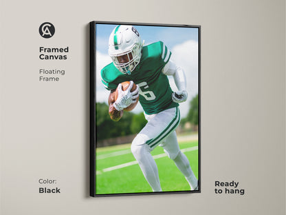 Framed in black this American Football Canvas offers a floating frame. The Green and White artwork is ready to hang. Perfect as man cave wall art or office sports decor. It's a great gift for any football fan.