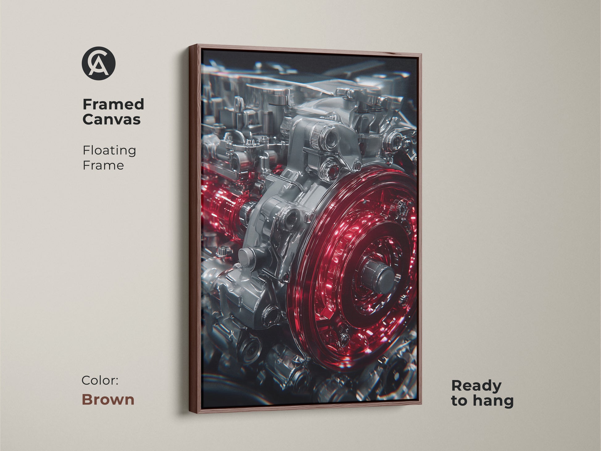 Framed canvas of an Automotive Engine with a brown floating frame. This industrial machinery art features red and silver gears. Ready to hang automotive wall art for garages and offices.