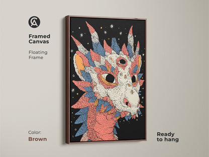 Framed canvas of dragon themed nursery art. The brown floating frame complements the artwork. This art print is great for gamers. A colorful dragon print for fantasy lovers.