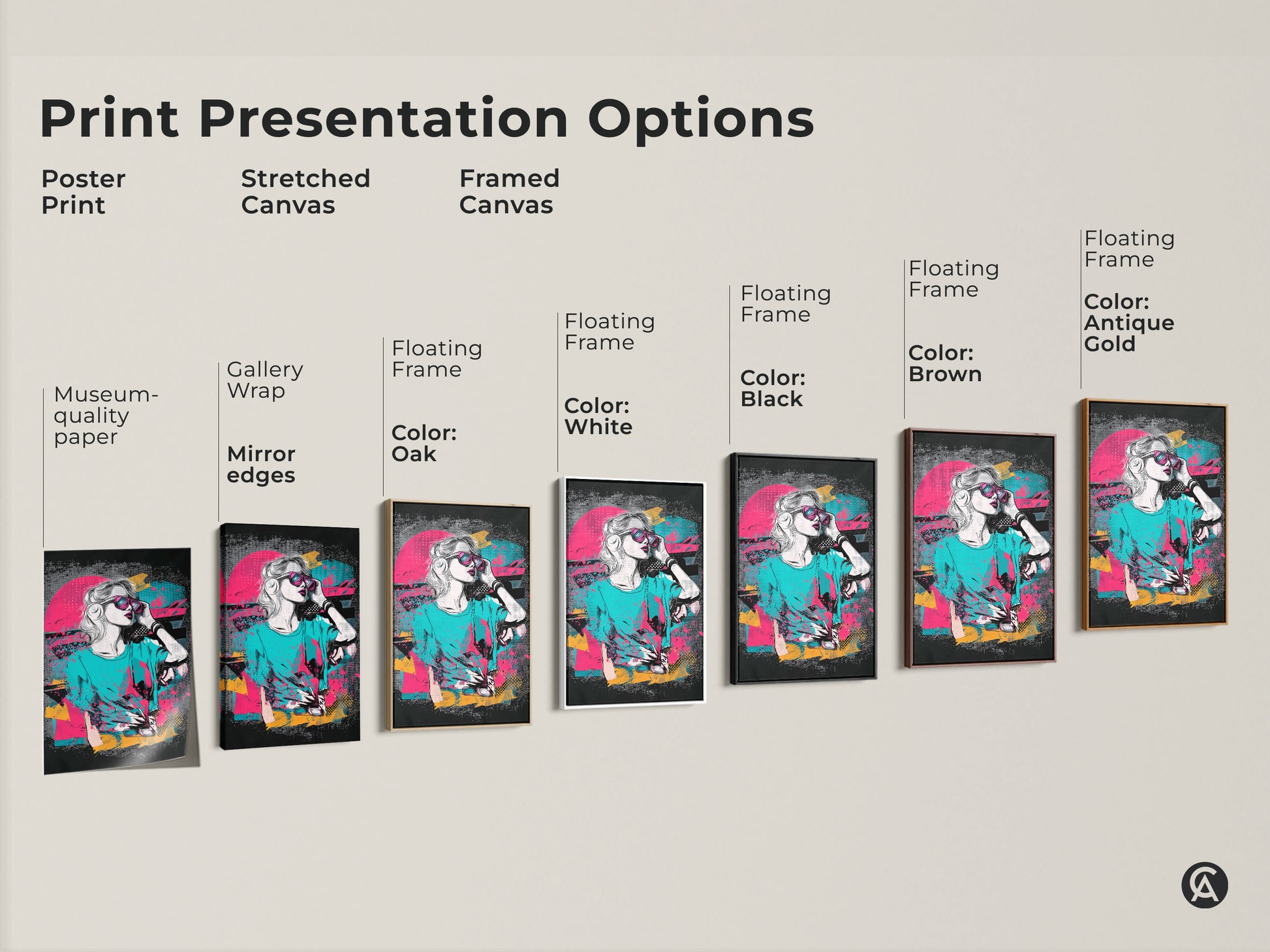 Print presentation options featuring a pop art woman with sunglasses. Choose from poster print stretched canvas or framed canvas. Retro synthwave style art in pink teal and yellow. Various floating frame colors available. Find the perfect eclectic wall art to match your home decor.