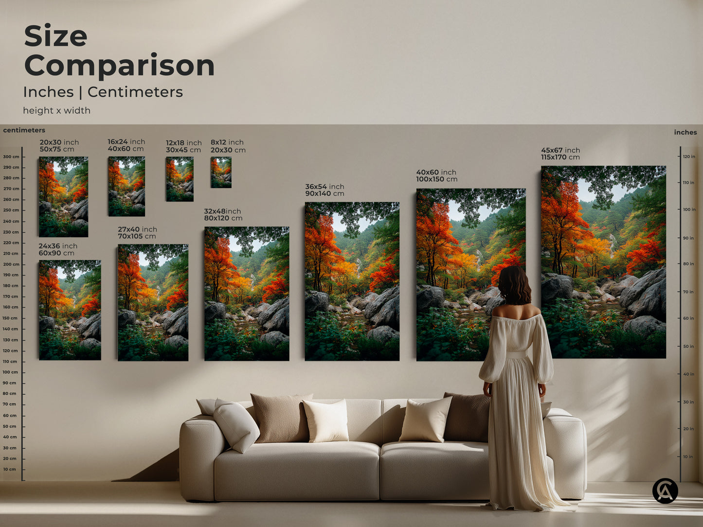 Size comparison for autumn forest artwork. See how different sizes fit above a sofa. Visualize canvas and poster art in your living room. Choose the perfect size to enhance your space. Shop now to bring nature indoors!