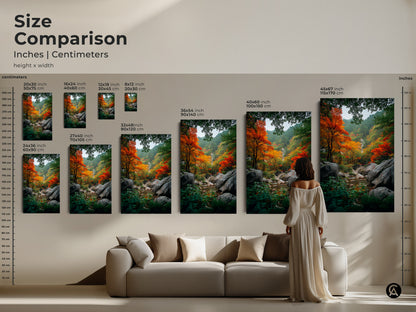 Size comparison for autumn forest artwork. See how different sizes fit above a sofa. Visualize canvas and poster art in your living room. Choose the perfect size to enhance your space. Shop now to bring nature indoors!