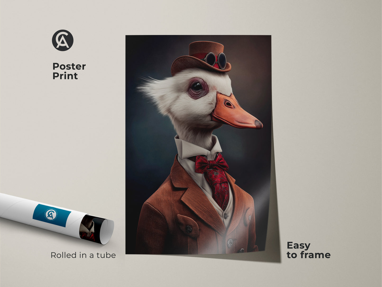 Poster print showcasing a steampunk goose. This Victorian goose portrait is rolled in a tube. It's easy to frame and is an eclectic animal art. This is study room art print.