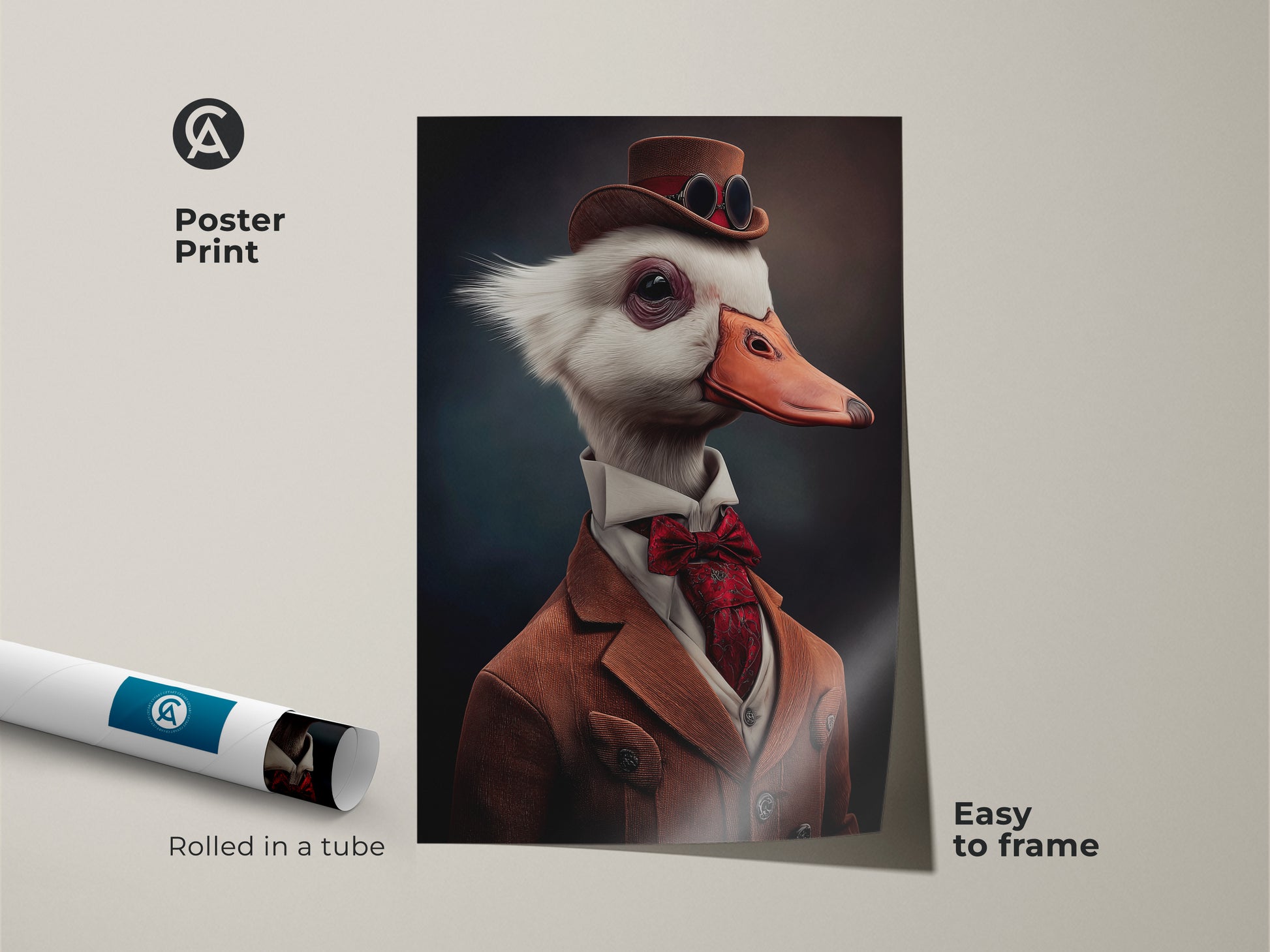 Poster print showcasing a steampunk goose. This Victorian goose portrait is rolled in a tube. It's easy to frame and is an eclectic animal art. This is study room art print.