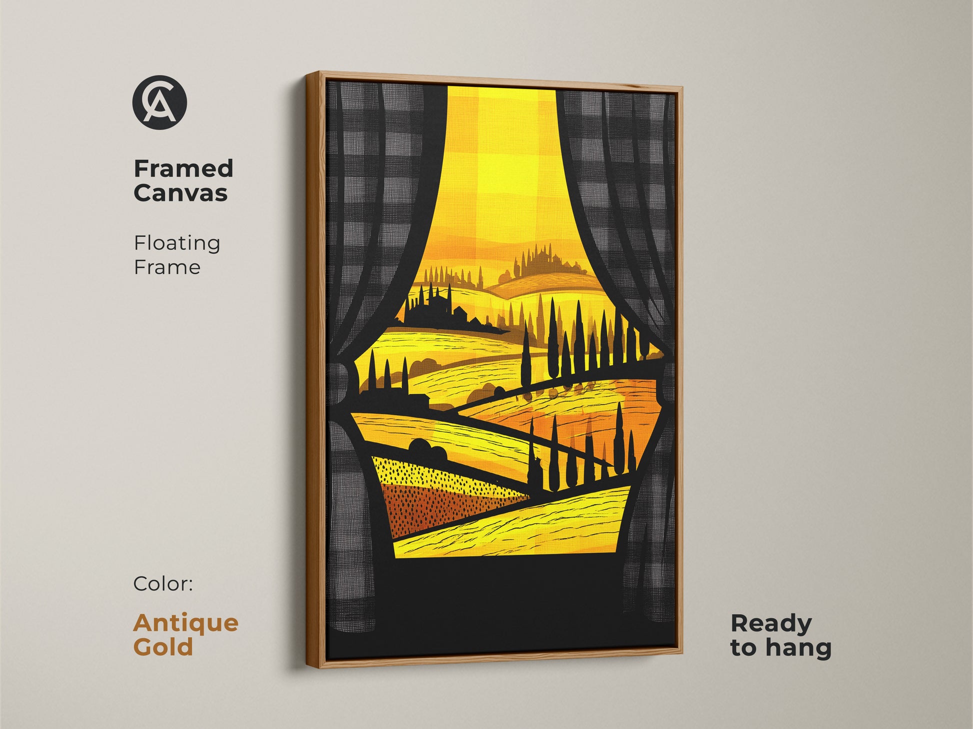 Framed canvas of a Tuscan village scene art print with an antique gold floating frame. The artwork features rolling golden hills and stylized design. This modern folk wall art adds a warm touch to dining rooms and makes a unique housewarming gift.