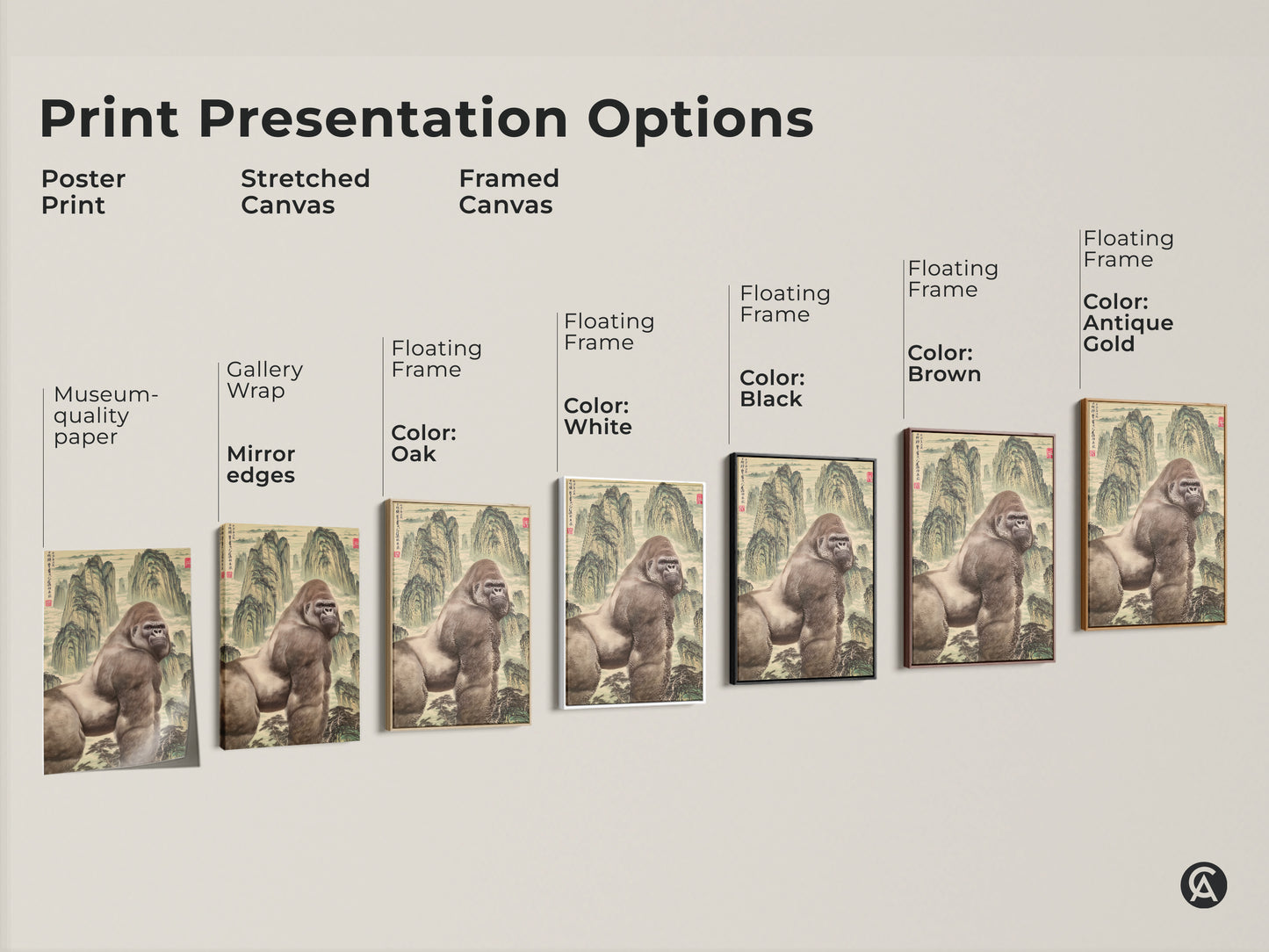 Various print presentation options. Poster prints stretched canvas and framed canvas. All featuring a mountain gorilla in a Chinese style landscape. These are great options for wildlife art lovers. Floating frames in black brown oak and white are available.