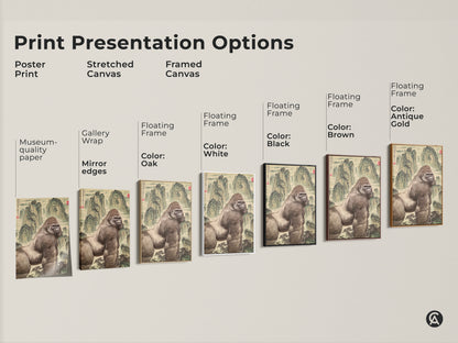 Various print presentation options. Poster prints stretched canvas and framed canvas. All featuring a mountain gorilla in a Chinese style landscape. These are great options for wildlife art lovers. Floating frames in black brown oak and white are available.