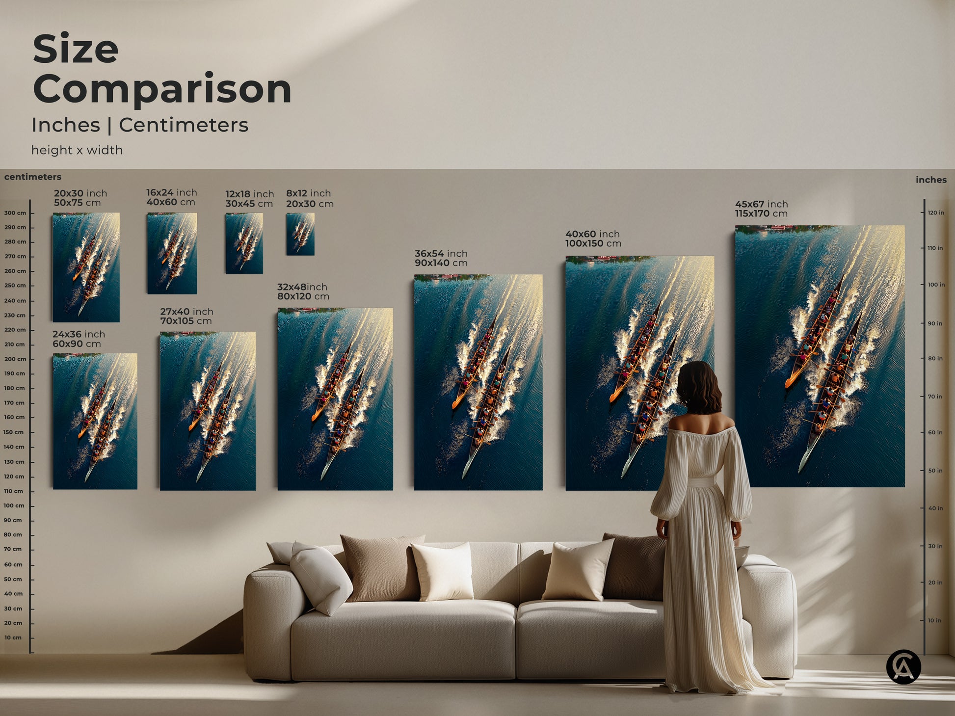 Size comparison of rowing team art in inches and centimeters. The canvas and poster options available in various sizes. From small to extra-large. Find the ideal artwork for your space. Teal blue and gold tones enhance any room. Perfect for sports enthusiasts.