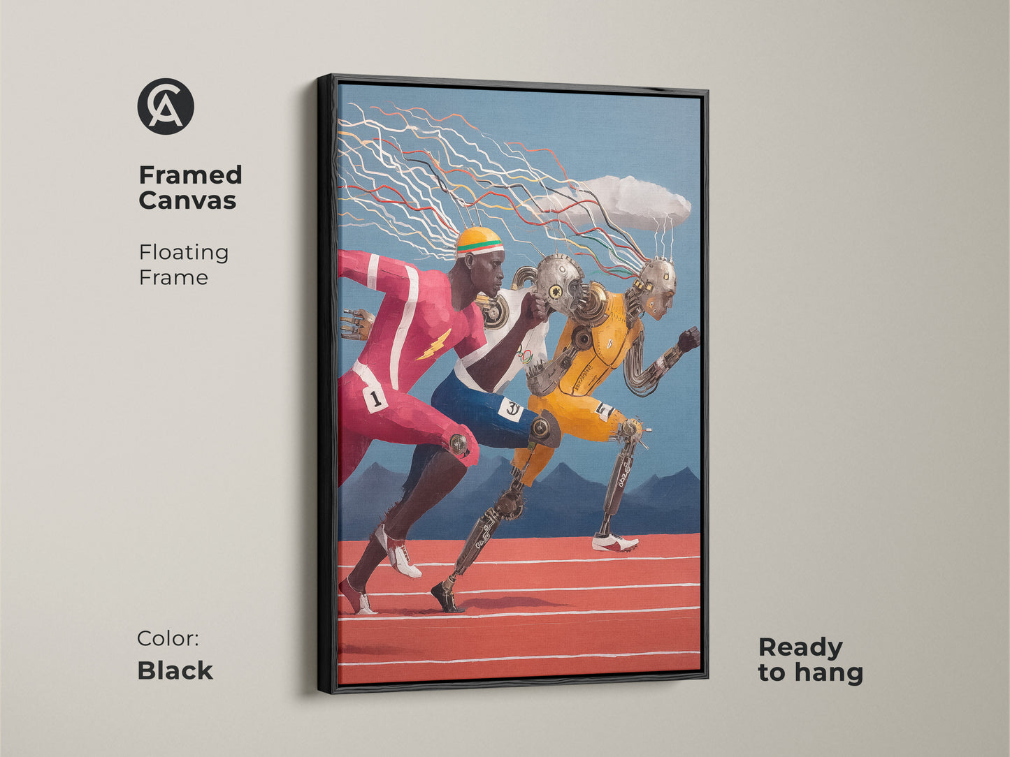 This shows a framed canvas featuring futuristic cyborg runners. The brown floating frame enhances the surreal art. Ready to hang this artwork is perfect for sports and tech enthusiasts.