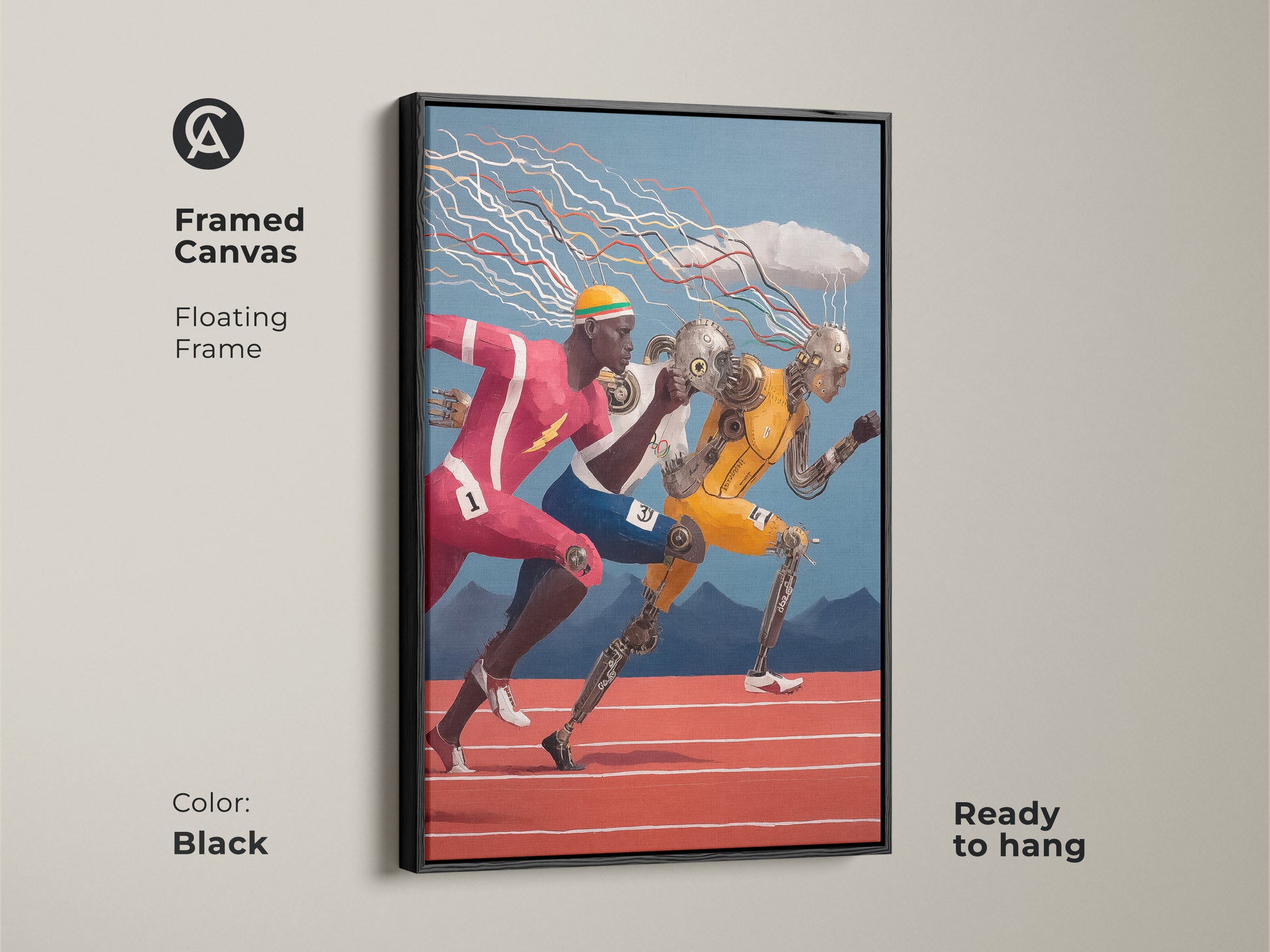 This shows a framed canvas featuring futuristic cyborg runners. The brown floating frame enhances the surreal art. Ready to hang this artwork is perfect for sports and tech enthusiasts.