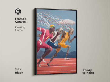 This shows a framed canvas featuring futuristic cyborg runners. The brown floating frame enhances the surreal art. Ready to hang this artwork is perfect for sports and tech enthusiasts.