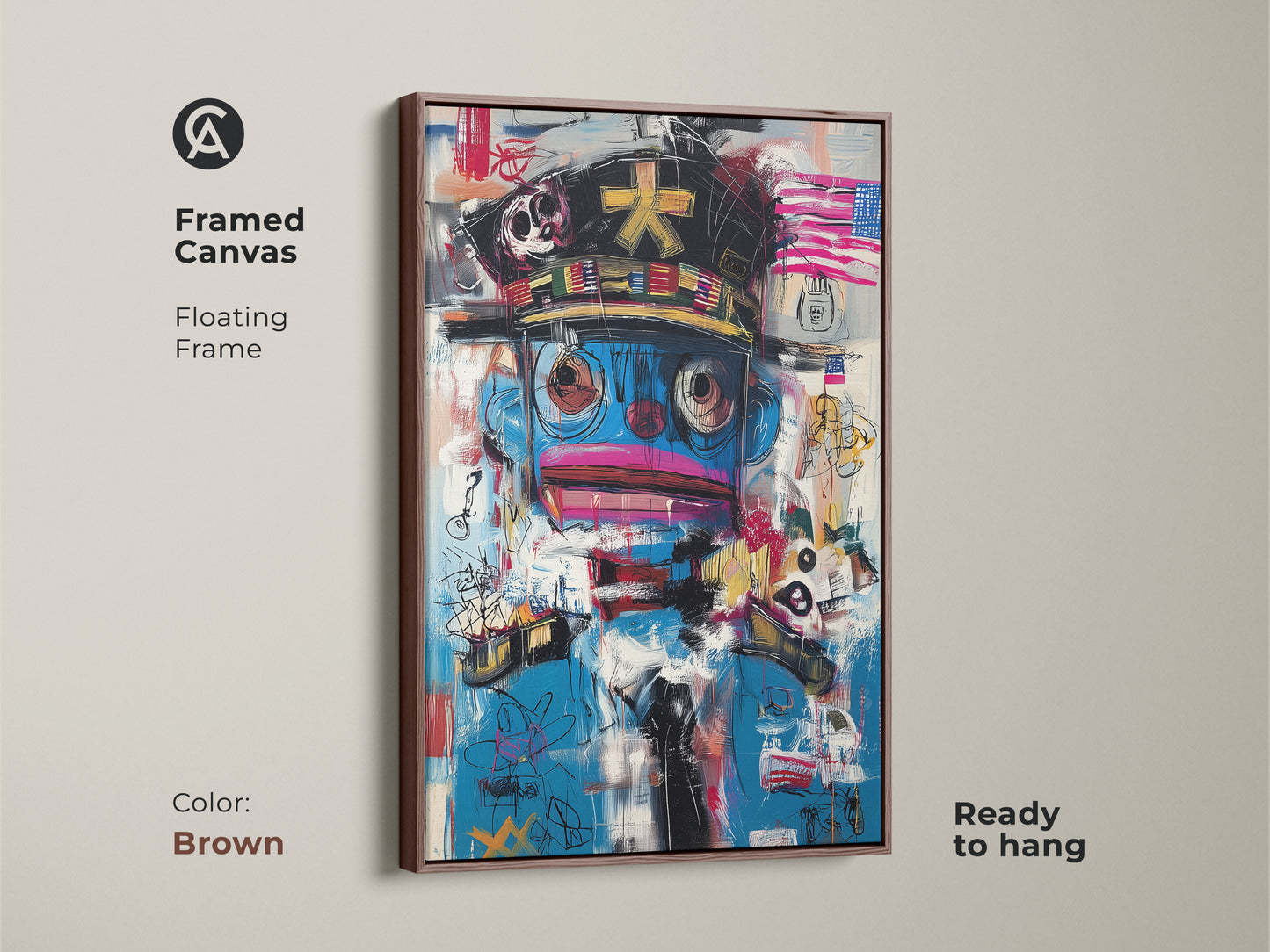 Framed canvas showcasing graffiti style character art. This abstract pop culture piece in brown adds a modern touch. Ready to hang this eclectic artwork enhances any space. Its blue and red abstract artwork is a must-have statement piece. Perfect as home office art decor.