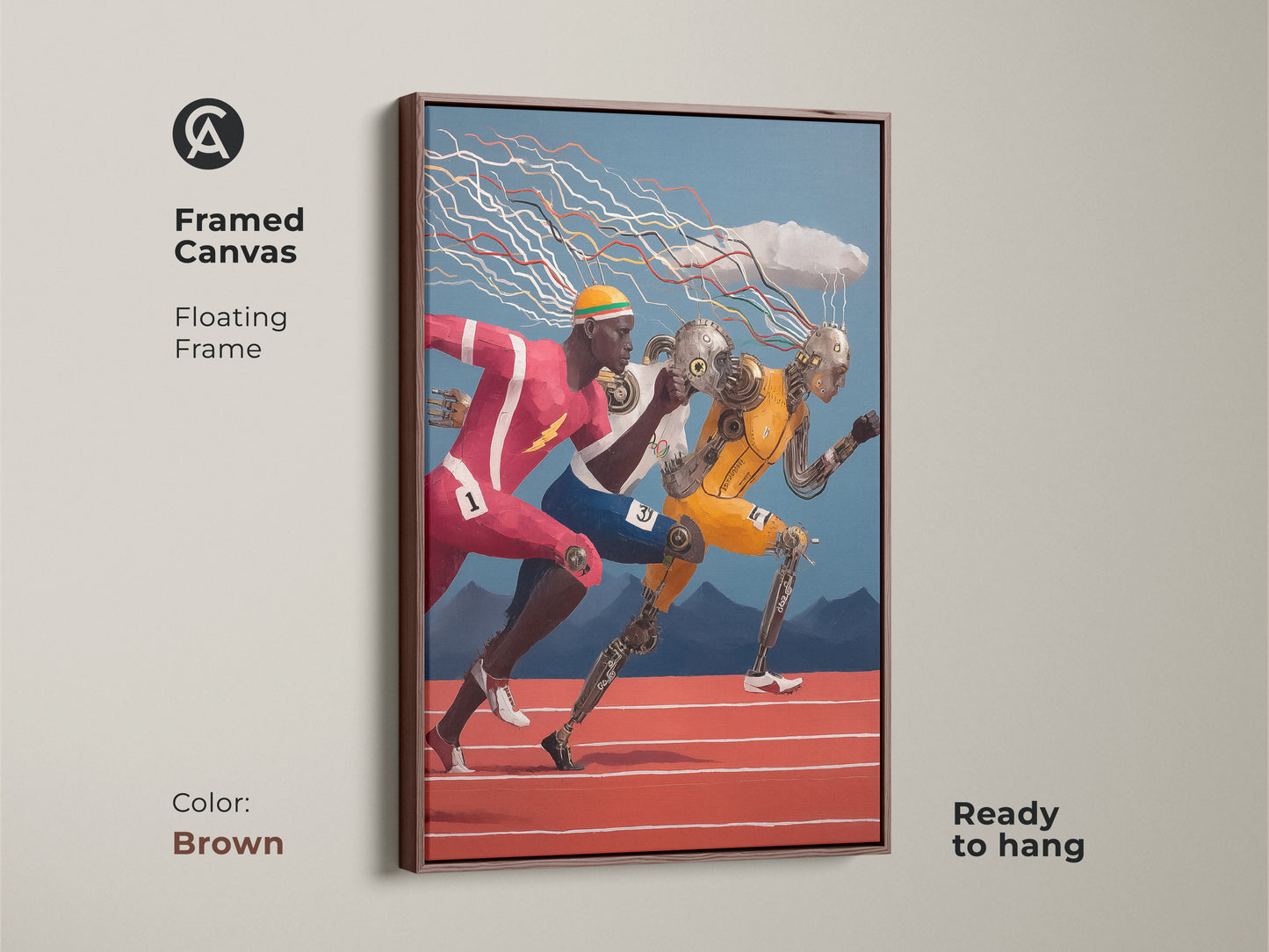 This framed art shows a canvas with cyborg runners. The antique gold floating frame complements the surreal sports theme. It's a unique wall hanging for modern office spaces.