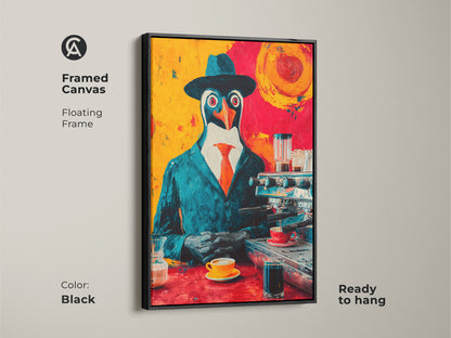 Framed canvas of the penguin barista pop art with a black floating frame. It's ready to hang and is perfect for adding a unique touch to any office or home. This eclectic animal artwork is a great gift for coffee enthusiasts. The vibrant print makes it a bold statement.