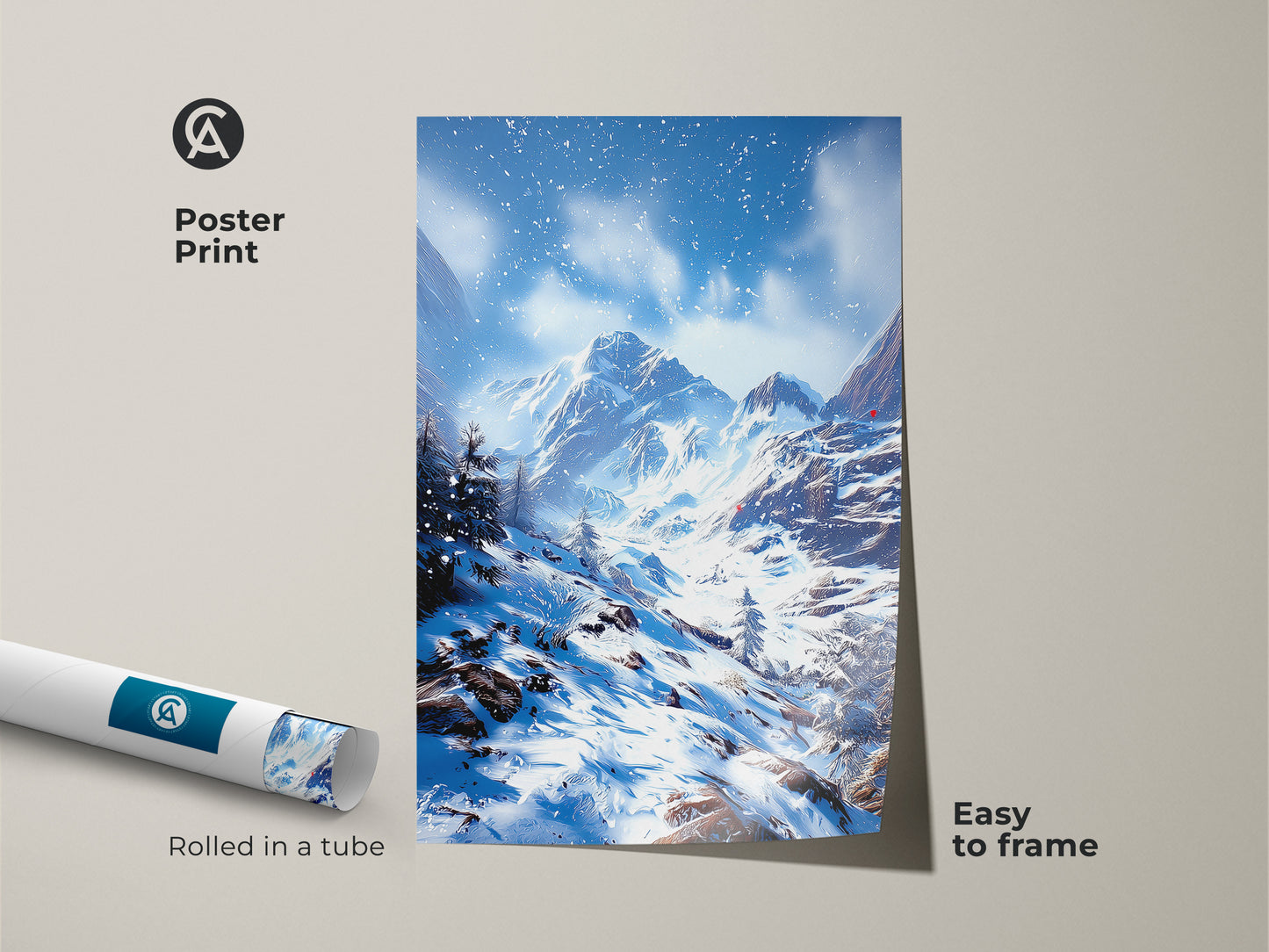 Poster print of winter mountain landscape art. Rolled in a tube and easy to frame. This snowy mountain range artwork features a rustic blue and white scene. A great skiing and snowboarding gift idea.