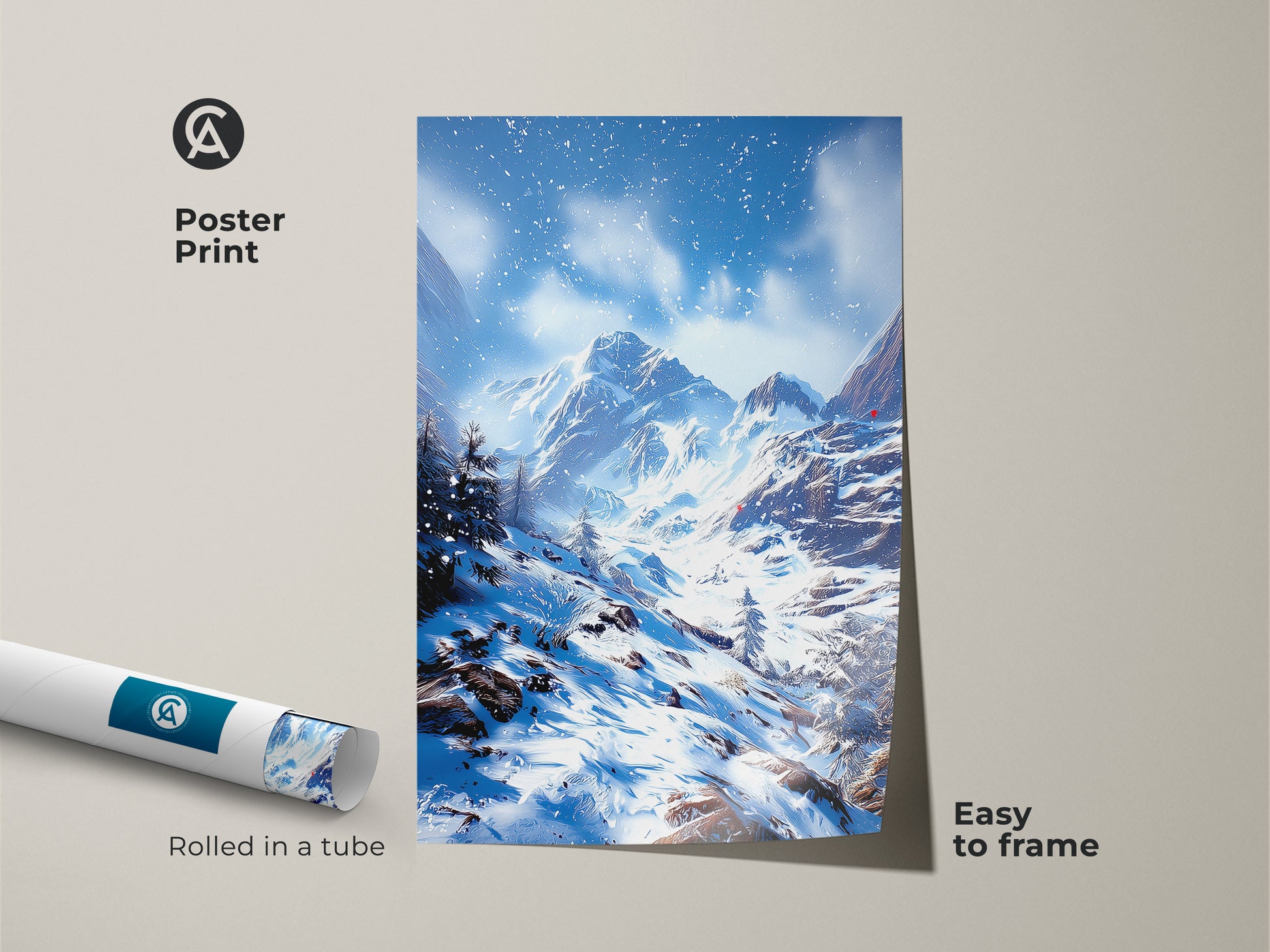 Poster print of winter mountain landscape art. Rolled in a tube and easy to frame. This snowy mountain range artwork features a rustic blue and white scene. A great skiing and snowboarding gift idea.
