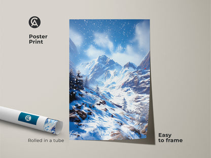 Poster print of winter mountain landscape art. Rolled in a tube and easy to frame. This snowy mountain range artwork features a rustic blue and white scene. A great skiing and snowboarding gift idea.